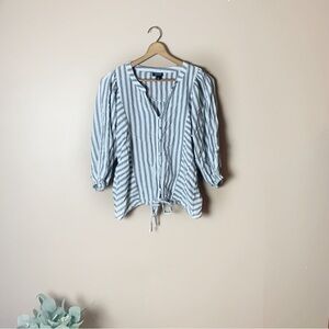 Women's Preppy Casual White & Gray Striped Button Down Tie 3/4 Sleeve Top